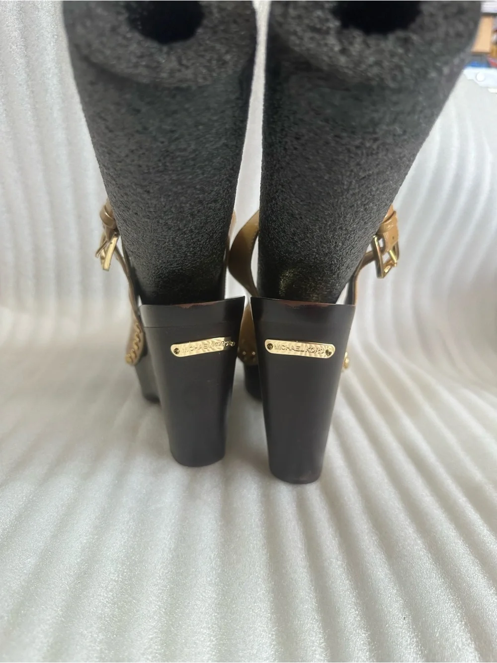 Michael Kors Tan Patent Wedge Sandals with Gold Stud Accents